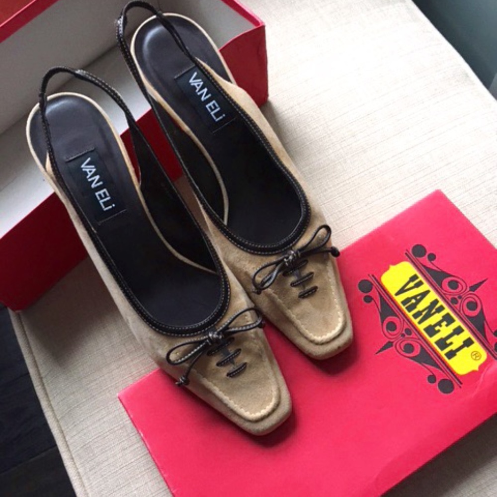 Vaneli-Beige suede with brown trim slingback
